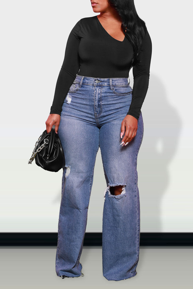 Plus Size Casual High Waist Ripped Mom Jeans