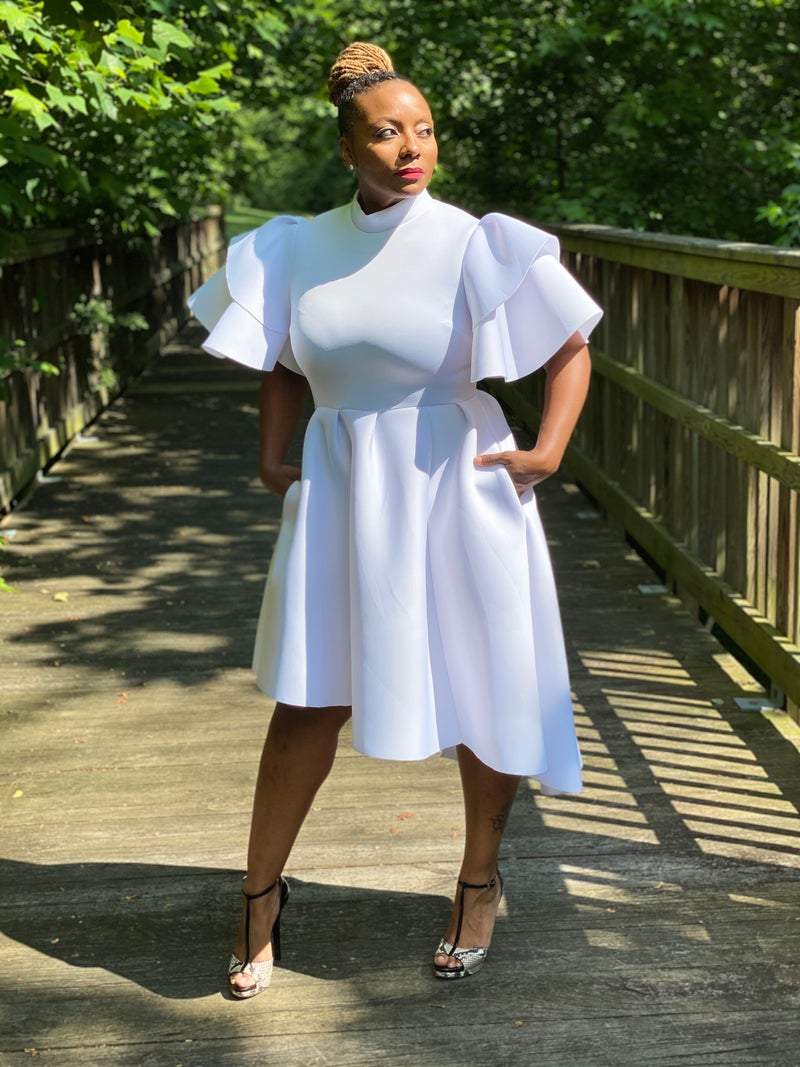 Plus Size Casual Solid Ruffle Sleeves Midi Dress