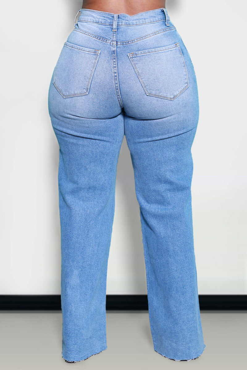 Plus Size Blue Casual High Waist Distressed Ripped Mom Jeans