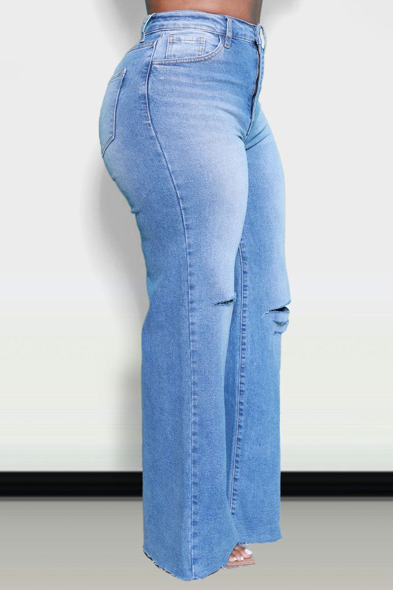 Plus Size Blue Casual High Waist Distressed Ripped Mom Jeans