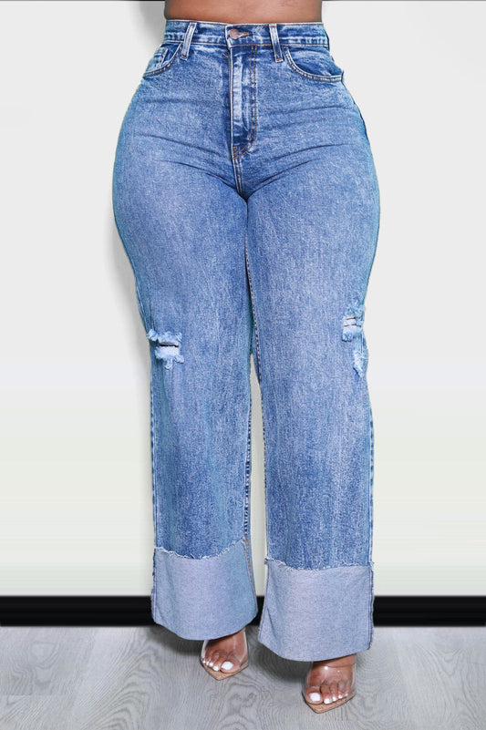 Plus Size High Waist Cuffed & Undone Mom Jeans