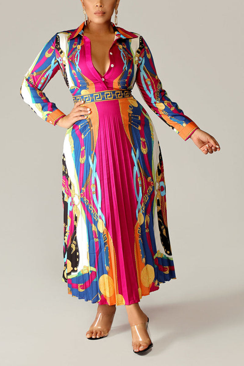 [Pre-Sale] Plus Size Pink Long Sleeves All Over Print Pleated Turnover Collar Midi Dresses