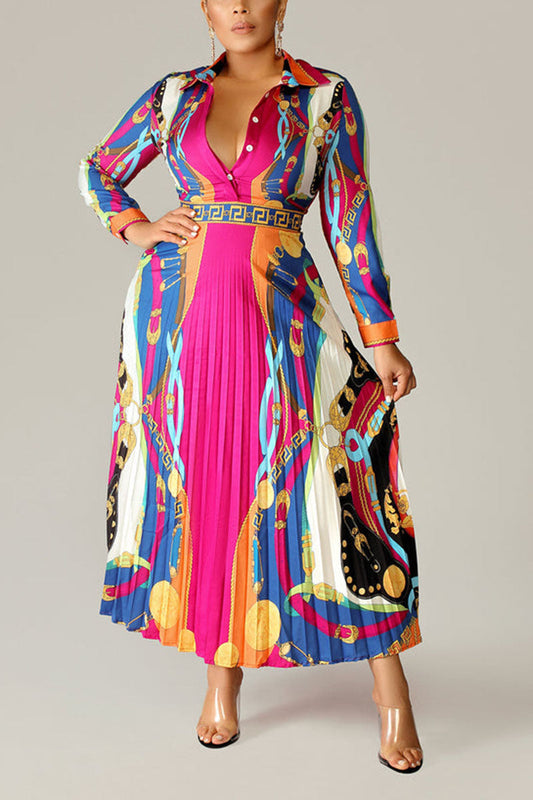 [Pre-Sale] Plus Size Pink Long Sleeves All Over Print Pleated Turnover Collar Midi Dresses