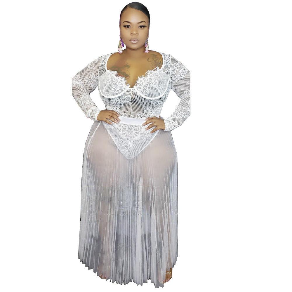 Plus Size Party Tulle Lace See-through Two Pieces Pleated Dress Set