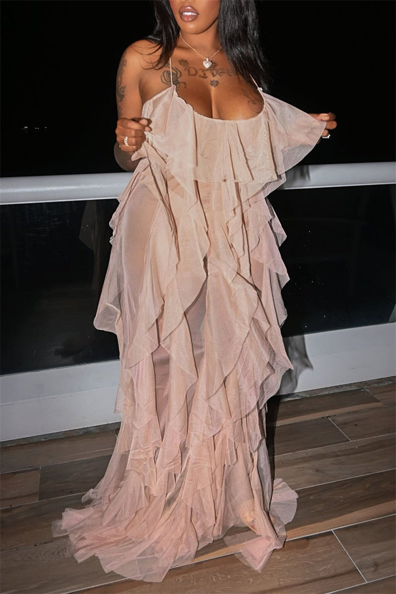 Plus Size Pink Split Joint See-through Backless Spaghetti Strap Maxi Dress