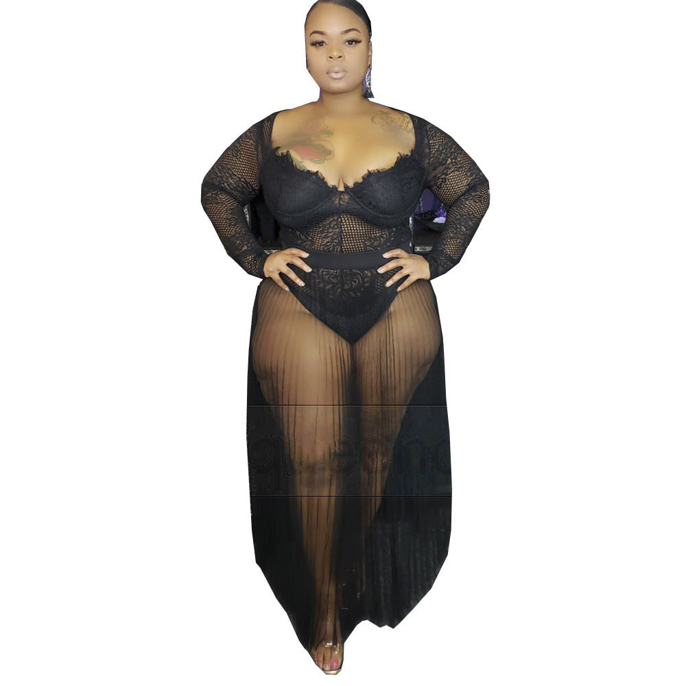 Plus Size Party Tulle Lace See-through Two Pieces Pleated Dress Set