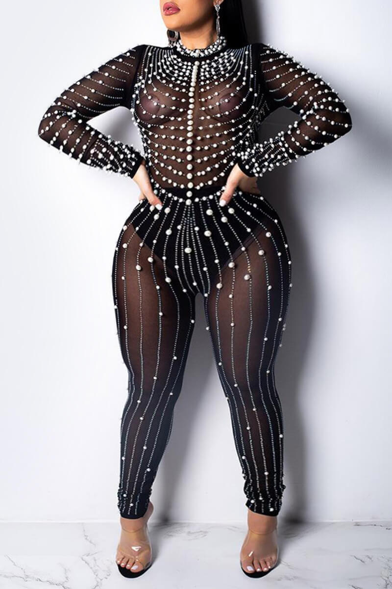 Plus Size Party Rhinestone Pearl See-through Jumpsuit