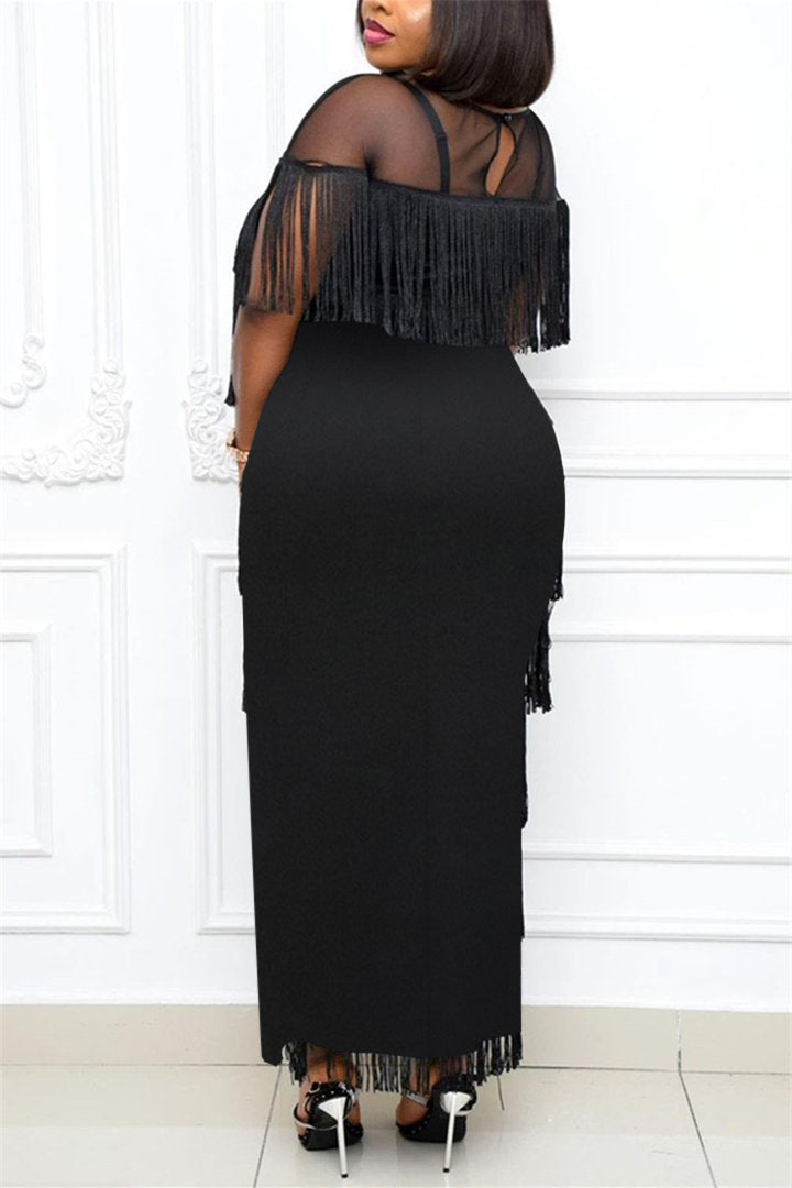 Plus Size Black See-through Fringe Split Joint Maxi Dress