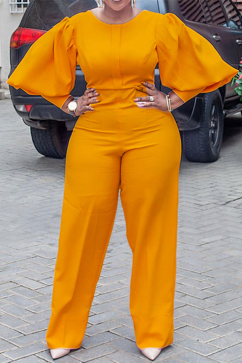Plus Size Solid Split Joint O Neck Puff Long Sleeve Jumpsuits