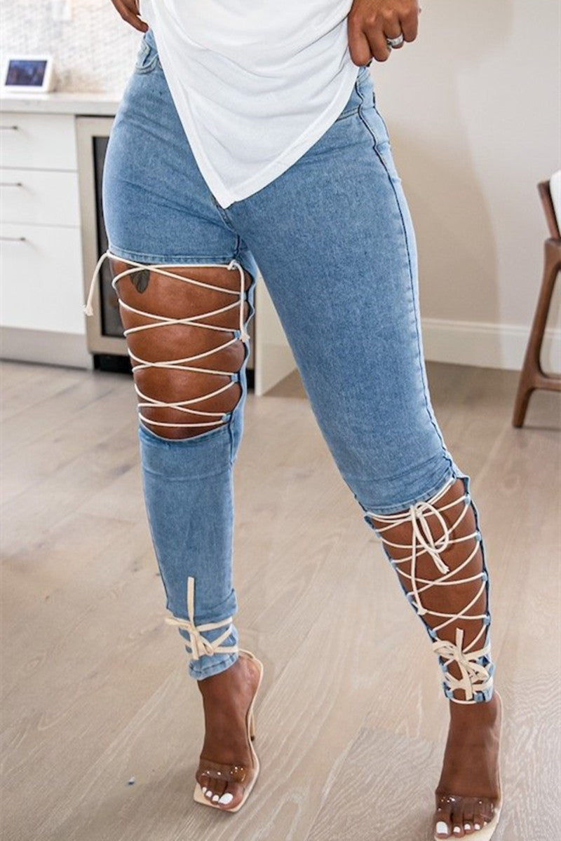 Plus Size Sexy Casual Solid Denim Ripped Bandage Cut-out Legging Jeans