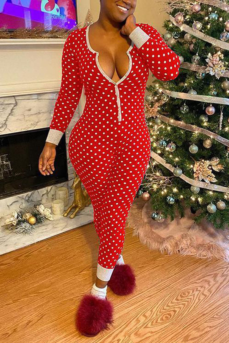 Plus Size Christmas Polka Dot Split Neck Sexy Jumpsuit Pajamas Onesie