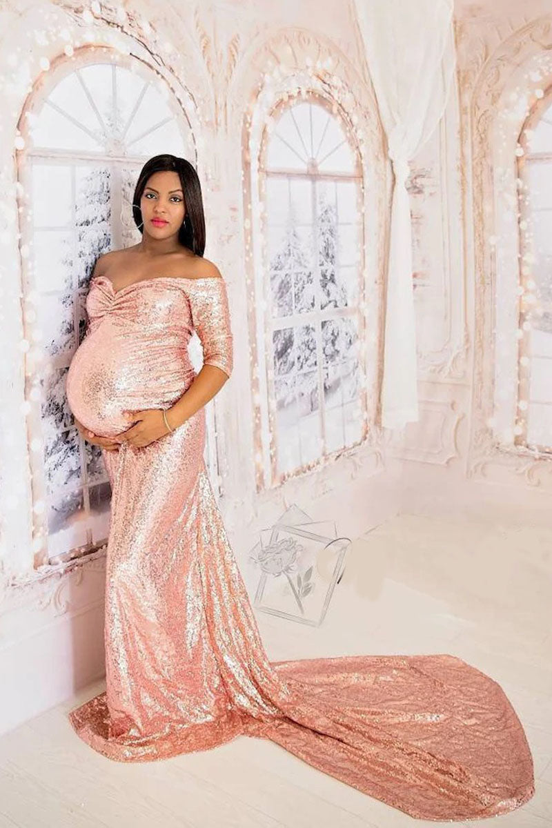 [Pre-Sale] Plus Size Elegant Sequin Off The Shoulder Floor Length Maternity Maxi Dress