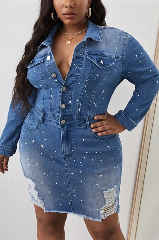 Plus Size Casual Long-sleeved Bodycon Washed Ripped Mini Dress
