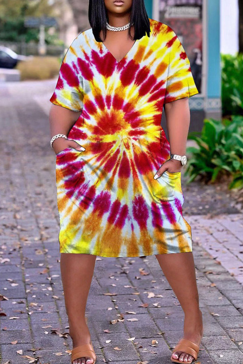 Plus Size Casual V Neck Tie Dye Print Short Sleeve Midi Dress