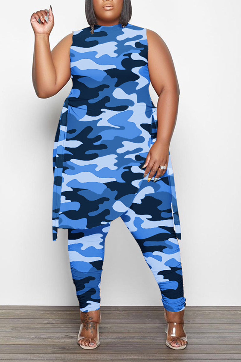 Plus Size Camouflage Print Sleeveless Skinny Pant Two Piece Set