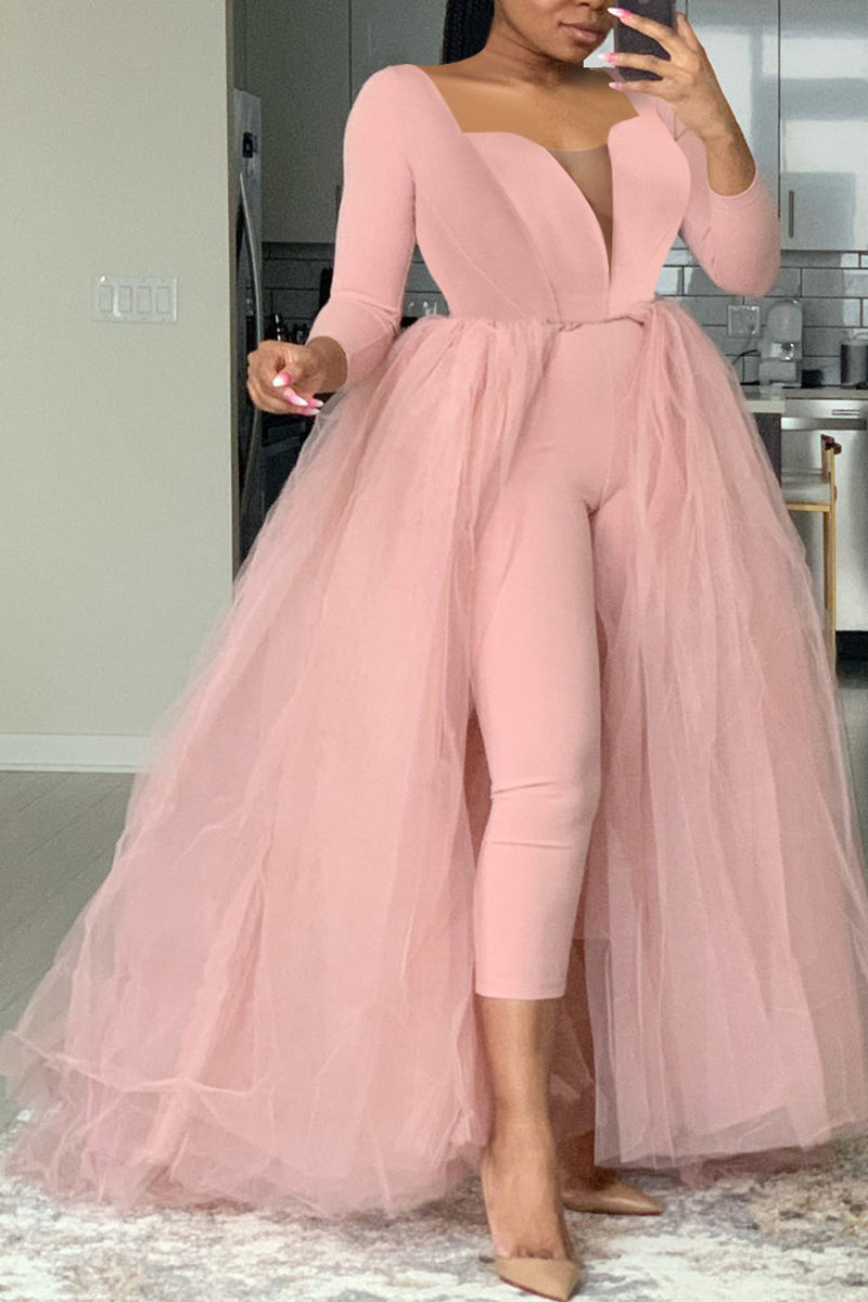 [Pre-Sale] Plus Size Casual Solid Mesh Stitching Neck Long Sleeve Tulle Jumpsuit (With Tulle Skirt)