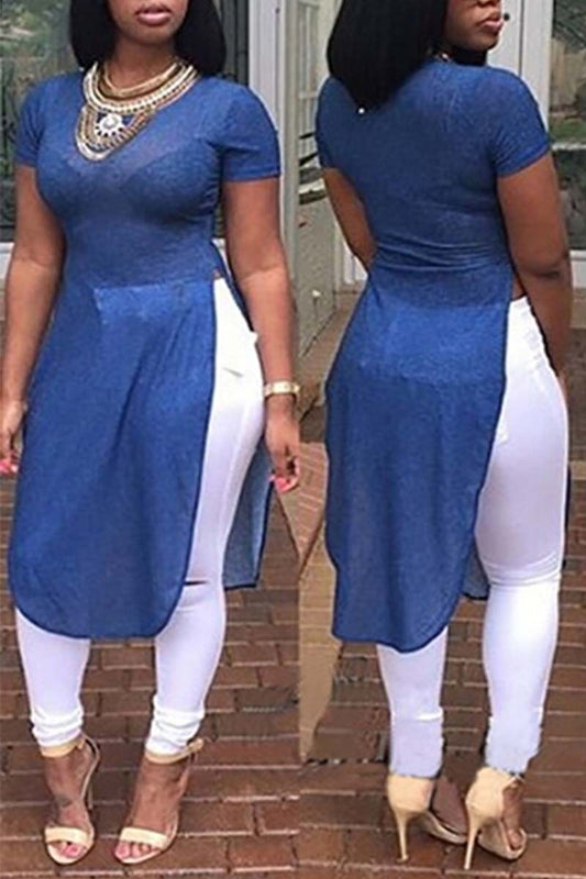 Plus Size Casual Blue Vintage Side High Split Denim Midi Dress