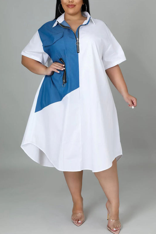 Plus Size Casual Colorblock Stitching Zip Short Sleeve Shirt Midi Dresses