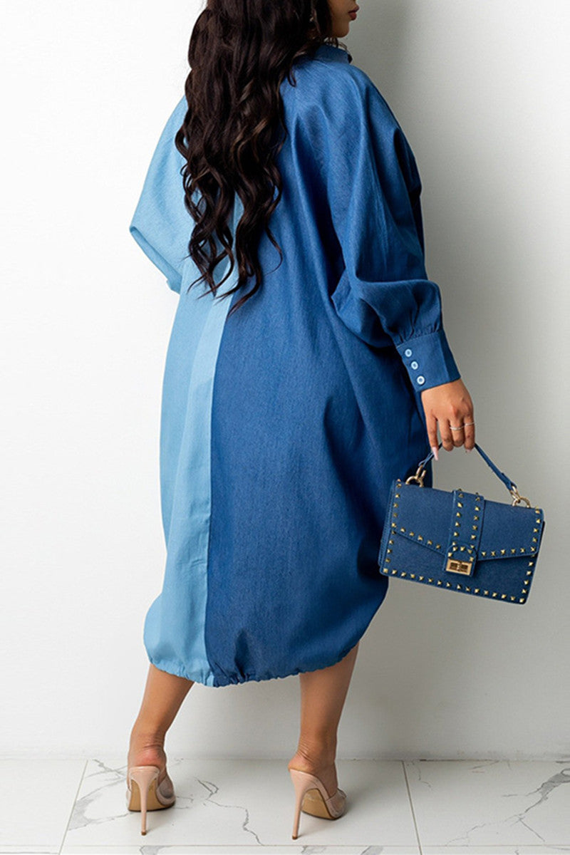 Plus Size Casual Color Block Silhouette Long Sleeves Shirt Mini Dress