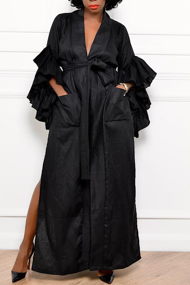 Plus Size Plain Maxi Dresses Ruffled Long Sleeves