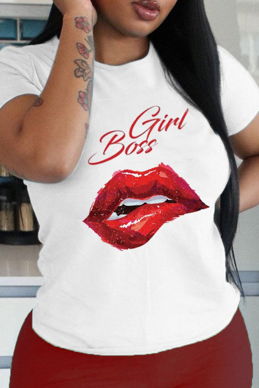 Plus Size Girl Boss Lip Print Round Neck Short Sleeve T Shirt