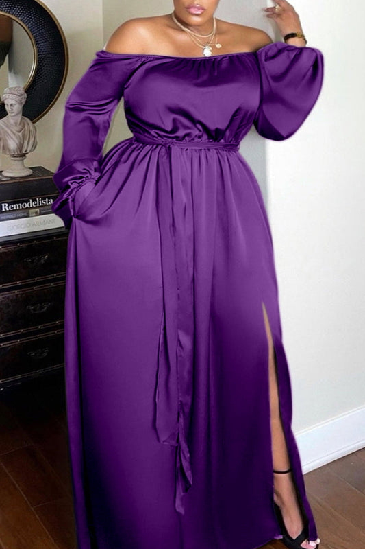 Plus Size Purple Off Shoulder Split Joint Bandage Solid Maxi Dress
