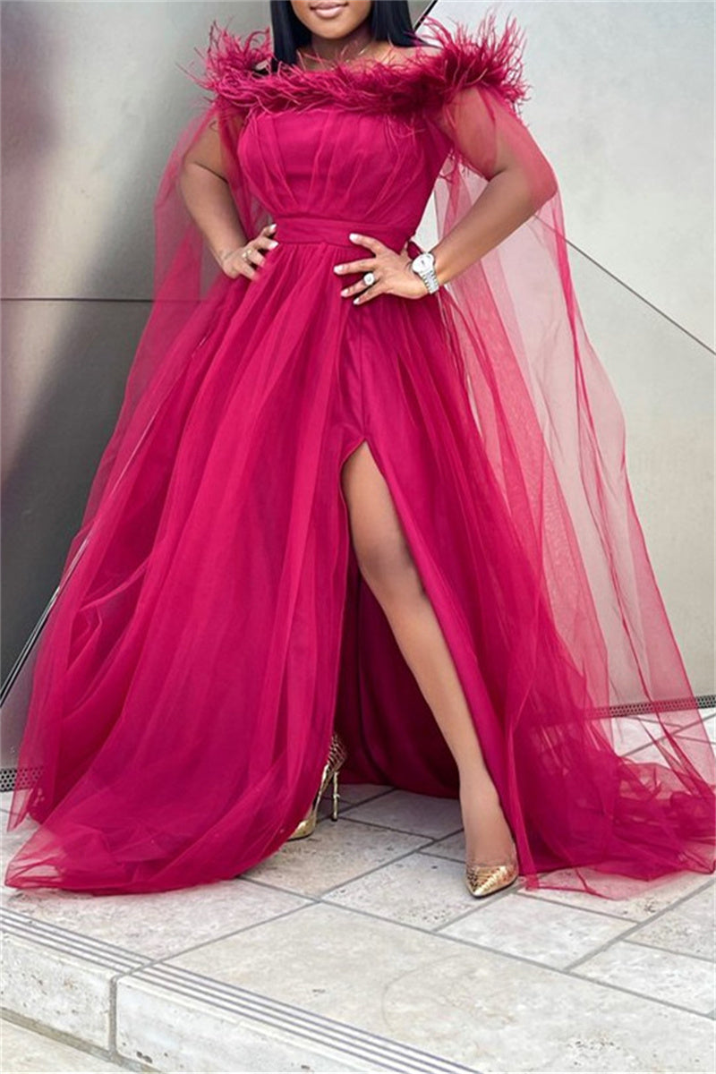 Plus Size Feather Collor Tulle Split Joint  Solid Maxi Dress
