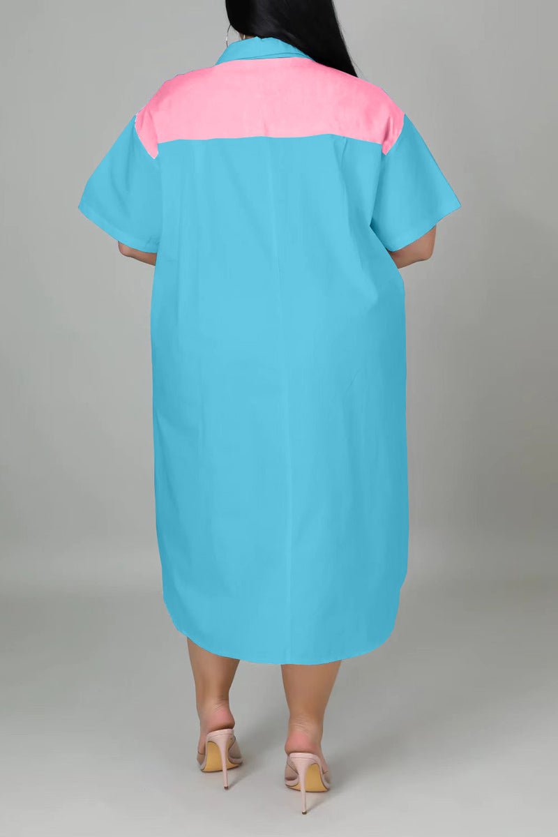 Plus Size Casual Colorblock Stitching Zip Short Sleeve Shirt Midi Dresses