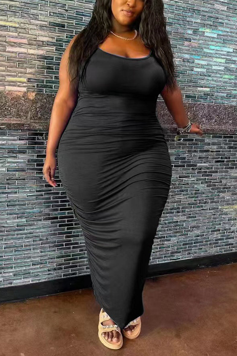 Plus Size Casual Solid Runched Cami Bodycon Maxi Dresses