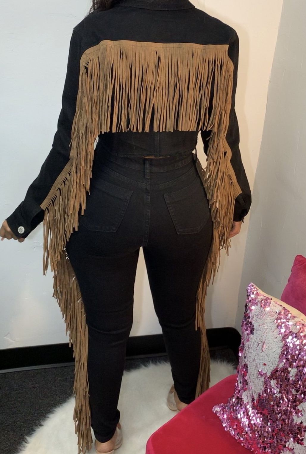 Plus Size Casual Denim Fringe Long Sleeve Jacket Outwear