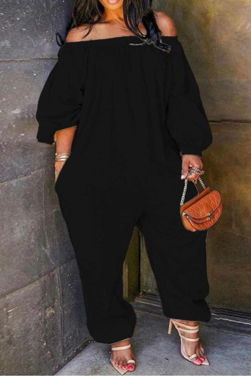 Plus Size Solid Basic Off the Shoulder Jumpsuits