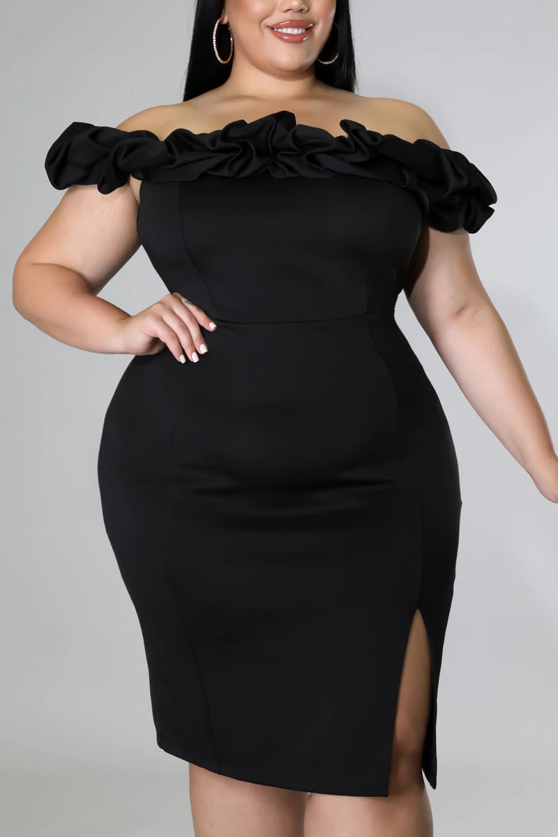 Plus Size Off The Shoulder Solid Split Bodycon Semi Formal Midi Dresses