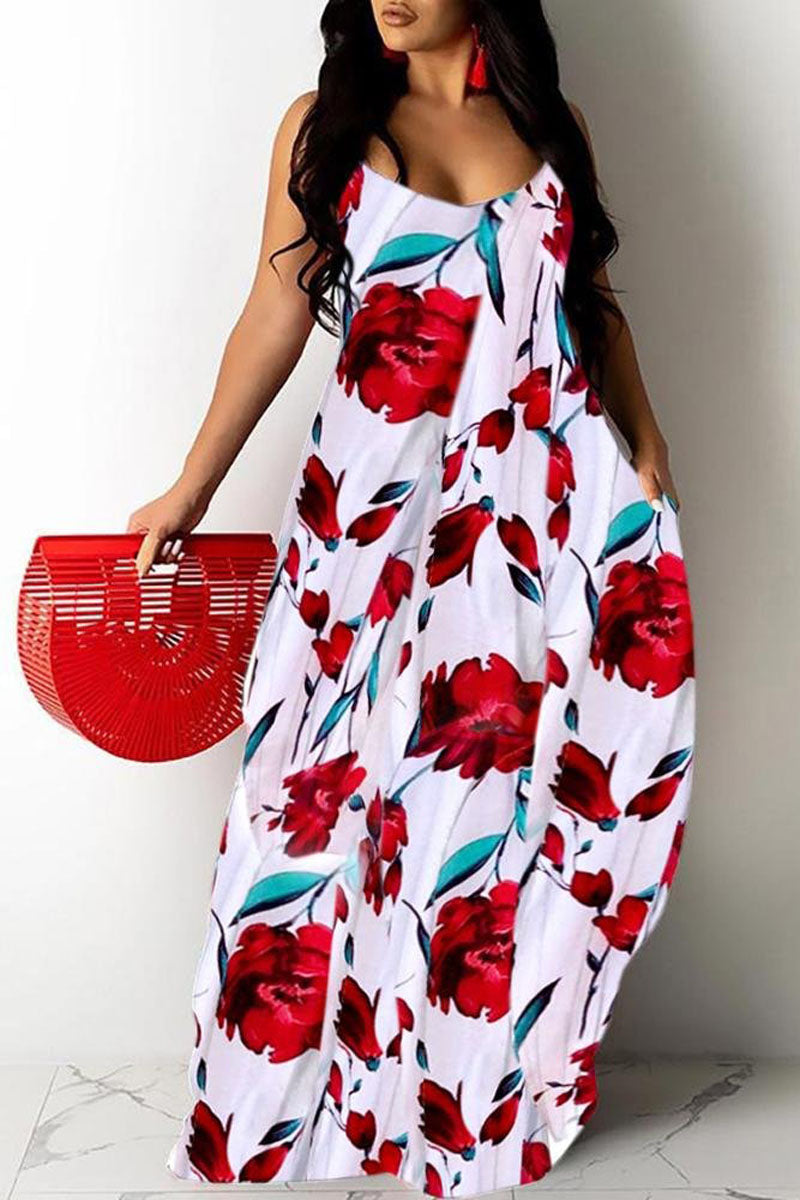 Plus Size Casual Cami Sleeveless Leopard Flower Print Maxi Dress