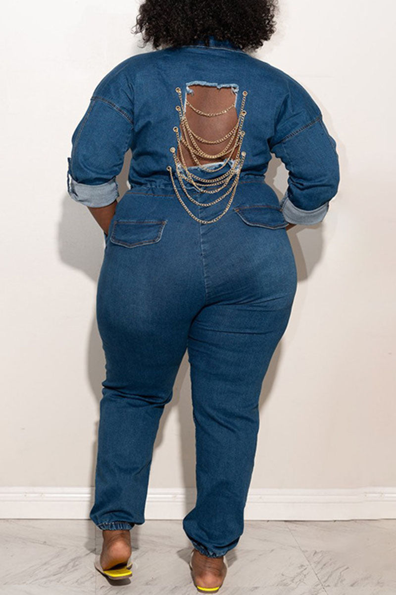 Plus Size Plain Jumpsuit Denim Long Sleeve