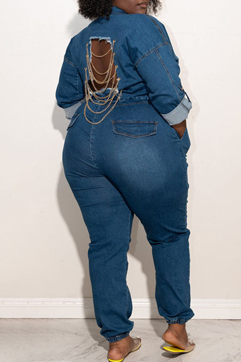 Plus Size Plain Jumpsuit Denim Long Sleeve