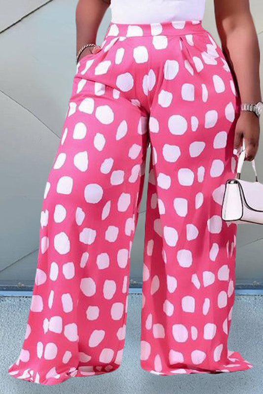 Plus Size Casual Polka Dot Print Wide Leg Pants