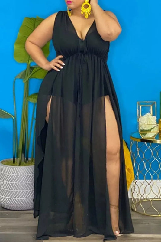 Plus Size Solid Split Joint V Neck Tulle Pleated Maxi Dress