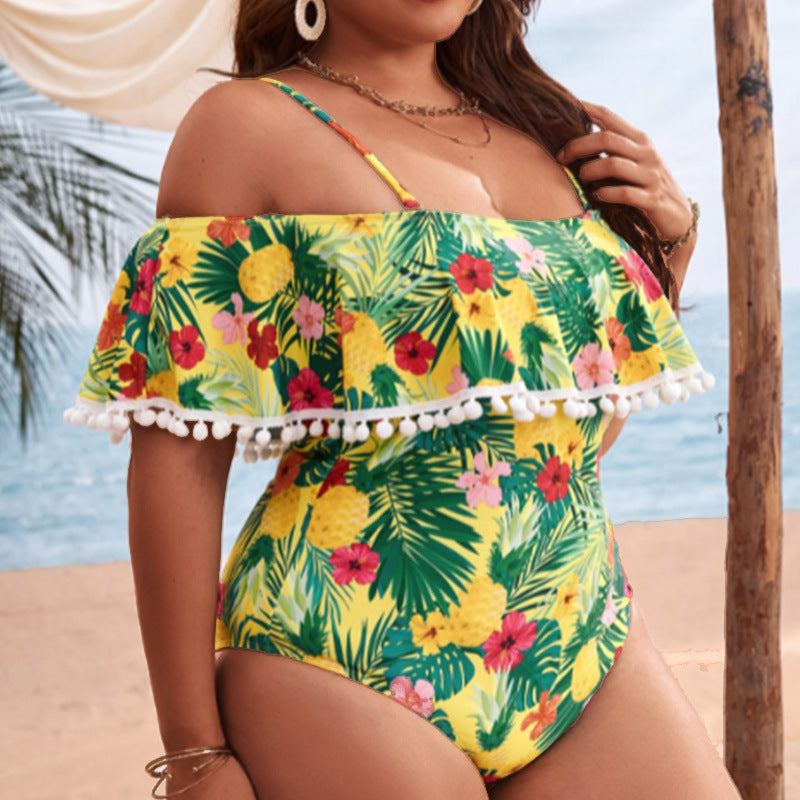 Plus Size Floral Print Cold Shoulder One Piece Swimsuit