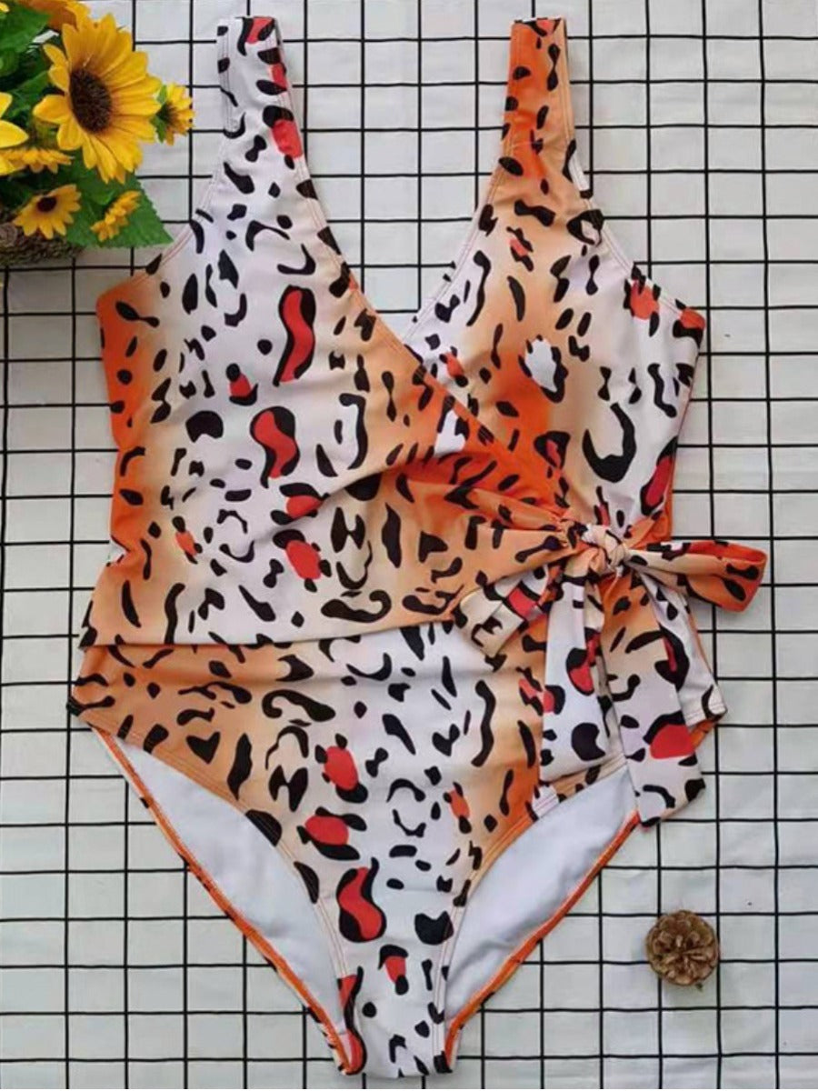 Plus Size Leopard Print Backless Wrap One Piece Swimsuit