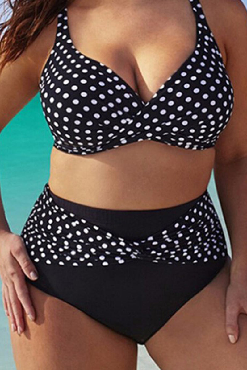 Plus Size Black Cami Polka Dot Print Two Pieces Swimsuit Set