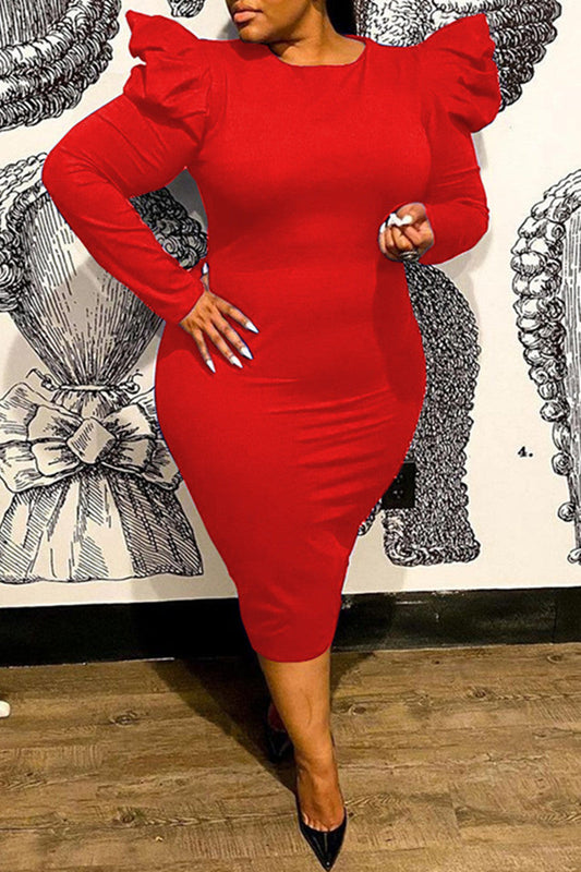 Plus Size Solid Ruffle Zipper Long Sleeve Bodycon Midi Dress