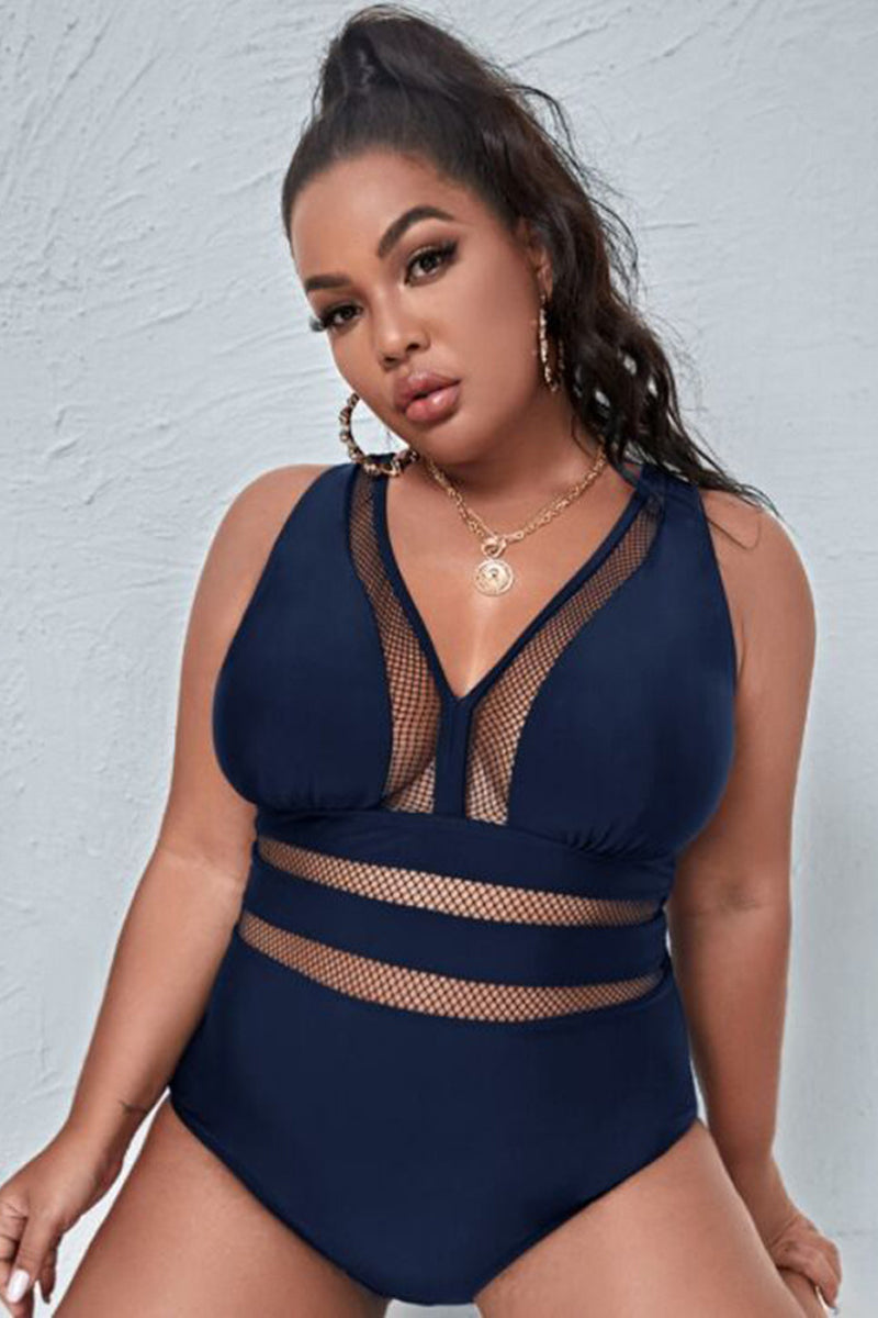 Plus Size Black Lace Stitching V Neck One Piece Swimsuit