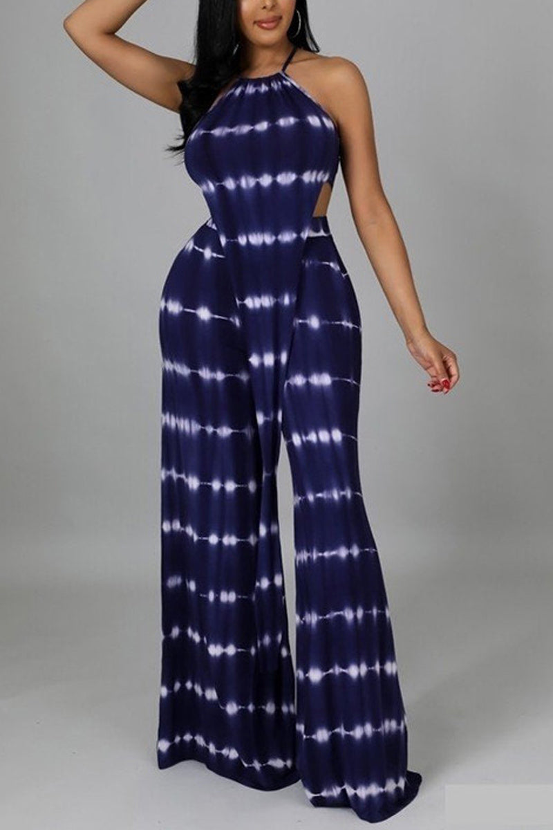 Plus Size Casual Tie Dye Print Halter Tank Top Wide Leg Pant Two Piece Set