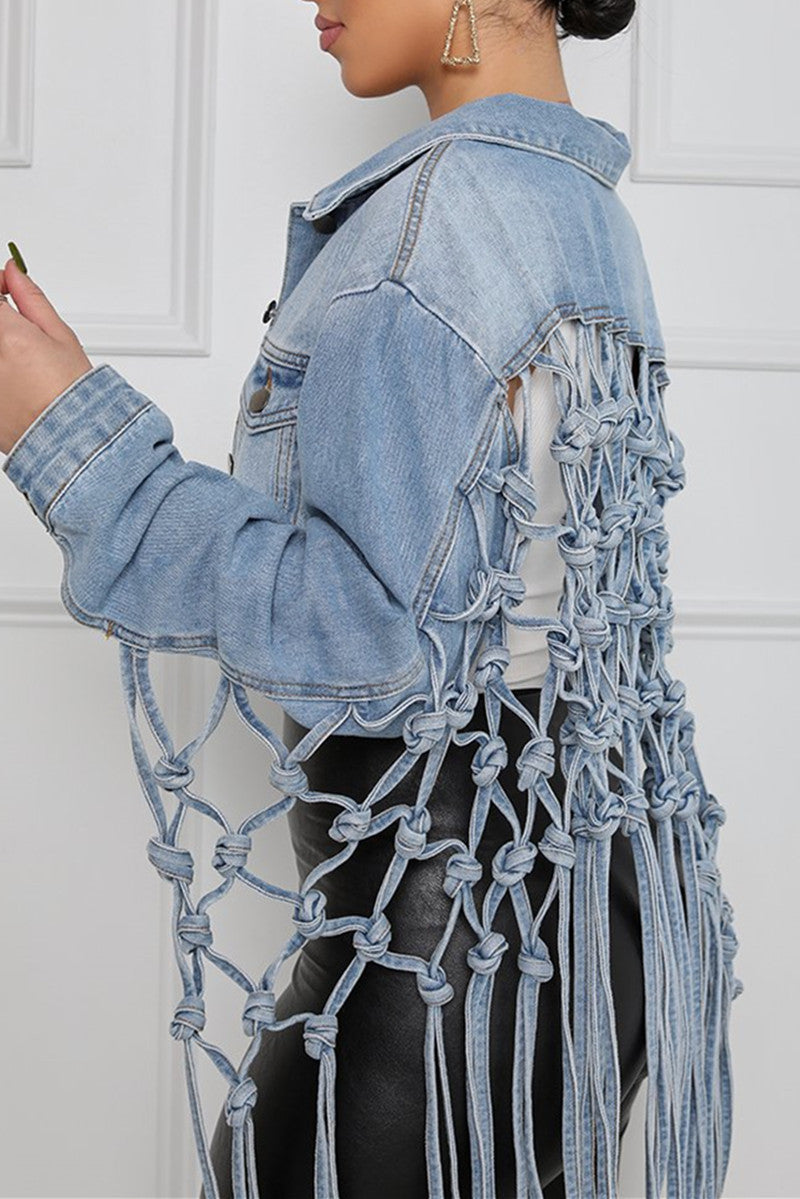 Plus Size Plain Ripped Tassels Denim Jacket