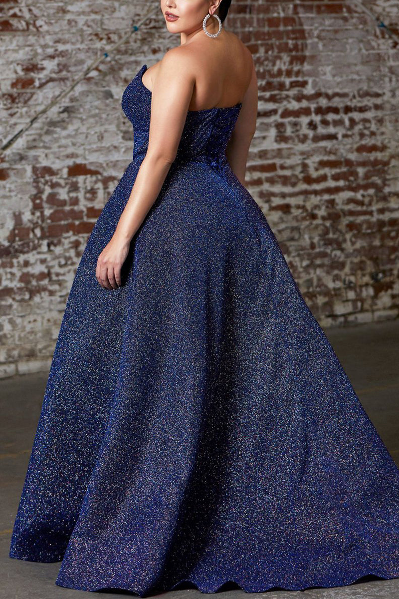 Plus Size Strapless Tube Glitter Slit Navy Blue Prom Dress