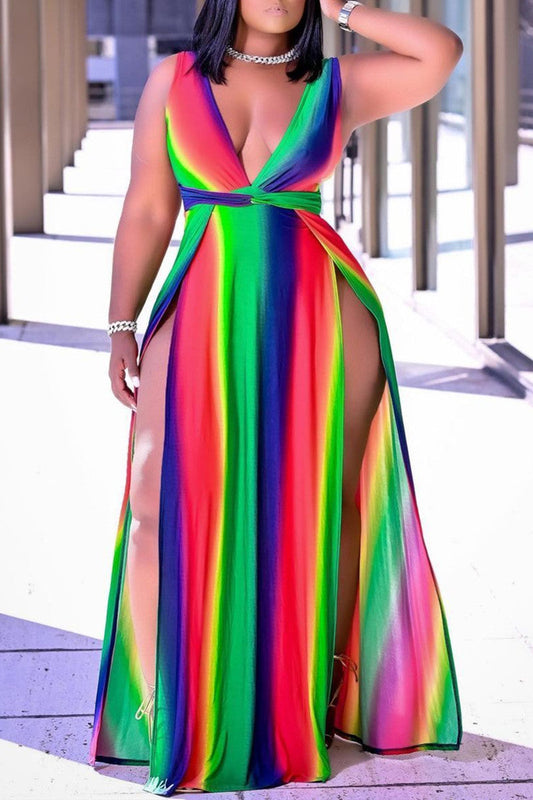 Plus Size Print High Opening Multicolor Maxi Dresses