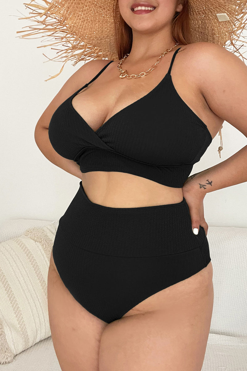 Plus Size Solid Cami High Waist Back Lace Up Two Pieces Set Swimsuit