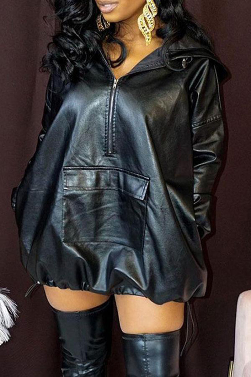 Plus Size Casual Solid PU Leather Hooded Collar Long Sleeve Mini Dress