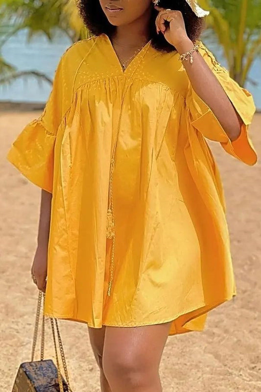 Plus Size Yellow Casual Ruffle Sleeve Shirt Mini Dresses
