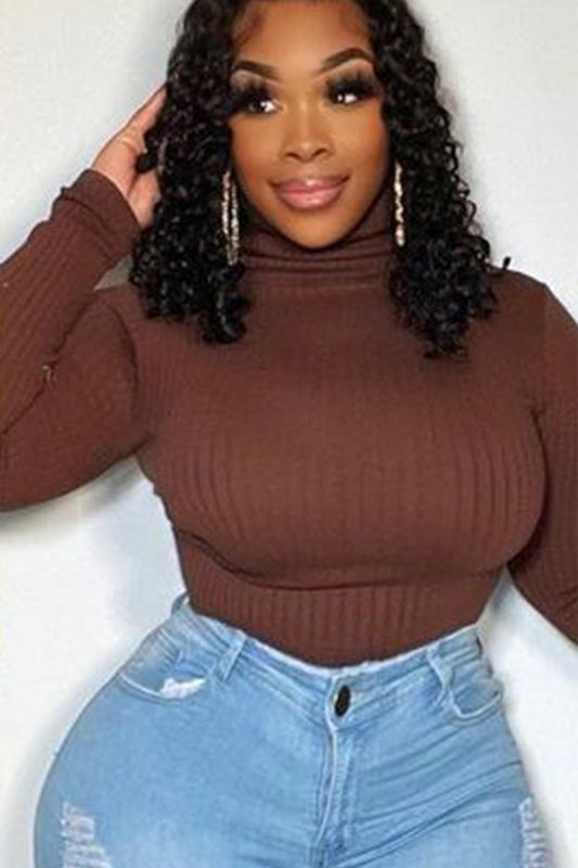 Plus Size Solid Extreme Stretch Ribbed Turtleneck Blouse